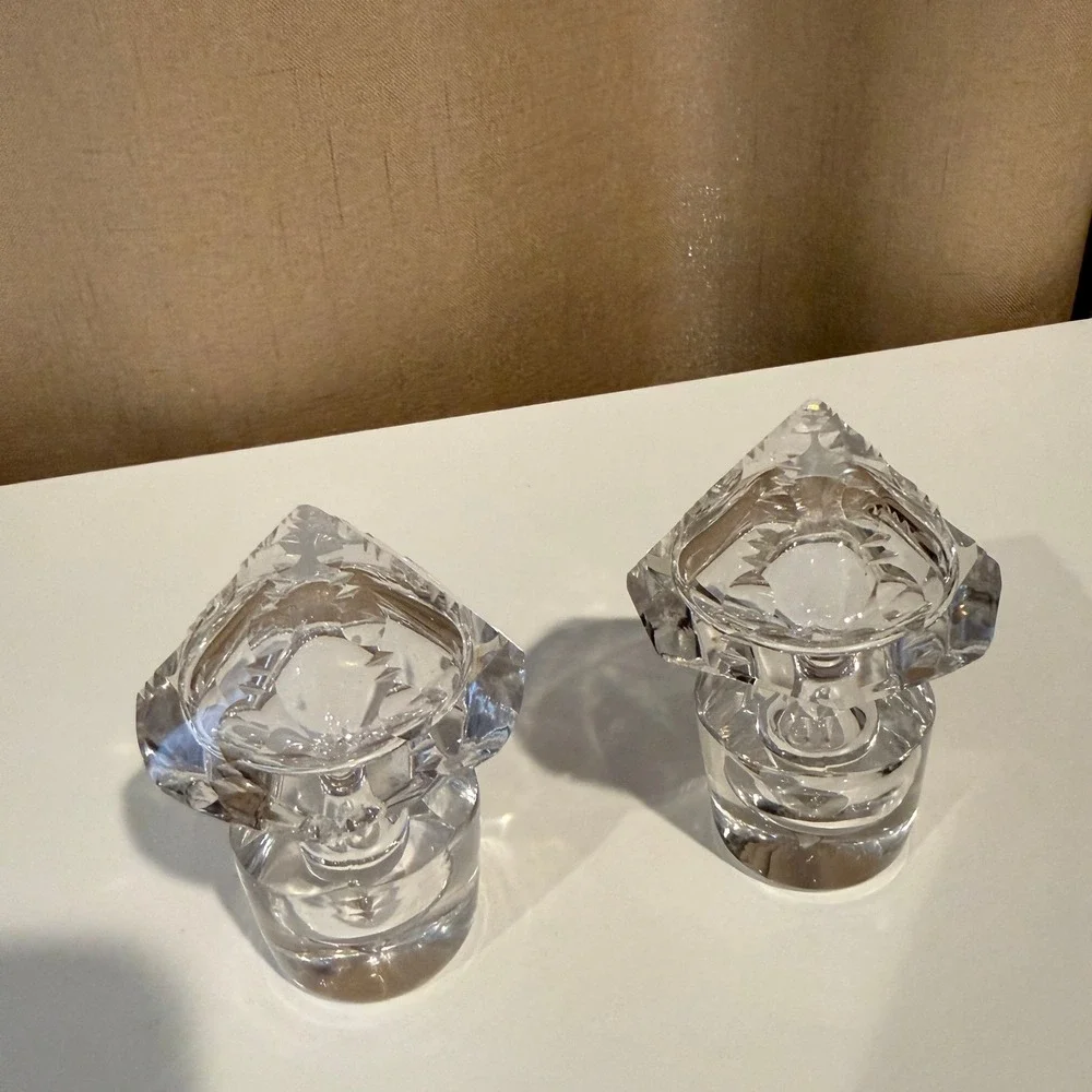 Vintage Clear Lead Crystal Decanter Stoppers Pyramid Diamond Cut Set of 2 Heavy
